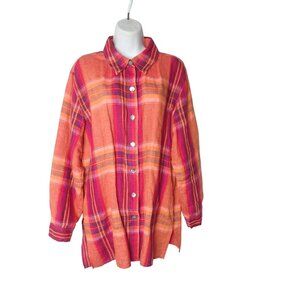 Chico's Linen Top Size 3 Pink Orange Plaid Long Sleeve‎ Tunic Button Front